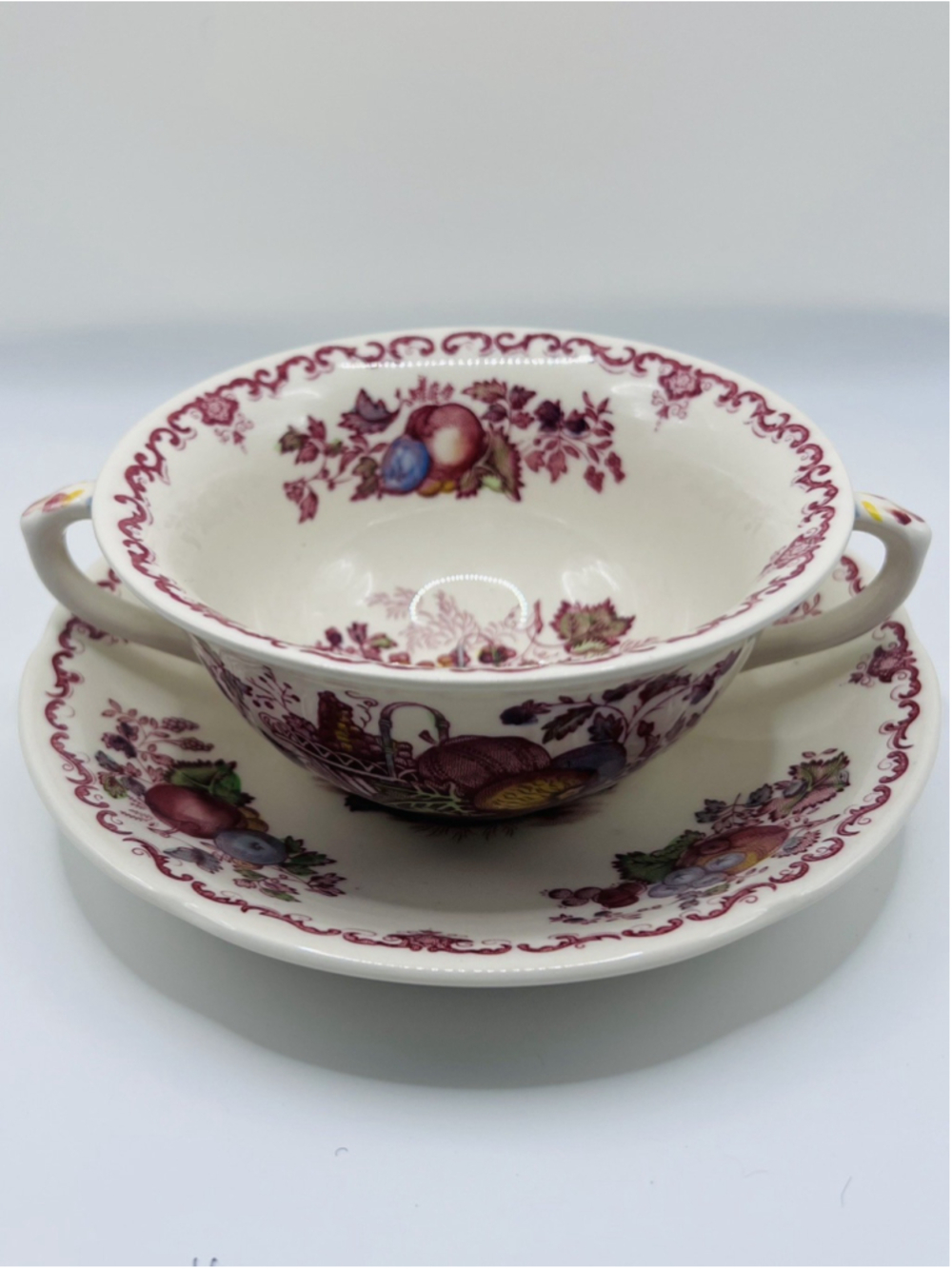 Set of (2) Masons Fruit Basket Soup Bowls Double Handle Mugs Saucers Tea Cups - Picture 3 of 8